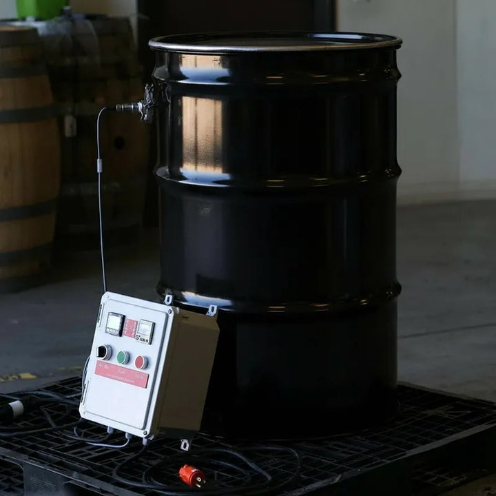 Black carbon steel 55-gallon barrel steamer with PID controller for mushroom substrate pasteurization